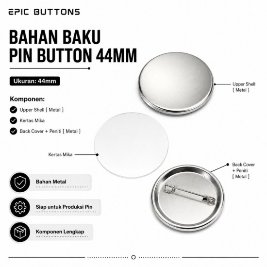 Bahan Baku Pin Button 44mm Metal Back | Blank Pin Upper Shell Mika Back Cover Peniti untuk Mesin Press Bahan Baku Pin Button 44mm Metal Back | Blank Pin Upper Shell Mika Back Cover Peniti untuk Mesin Press